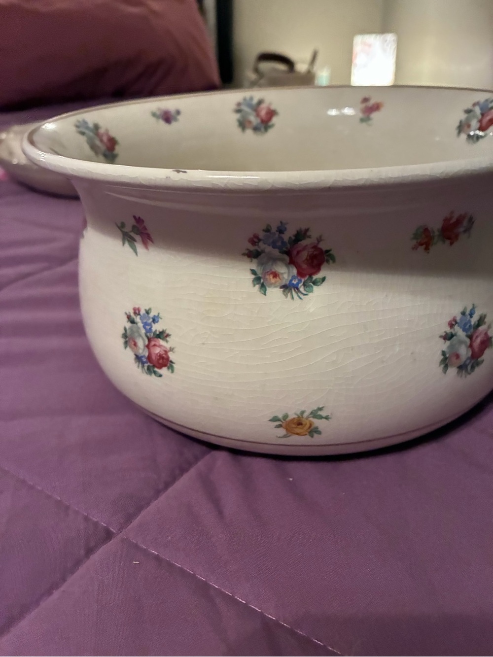 White Floral Ceramic Bowl with Gold-Trim Handle